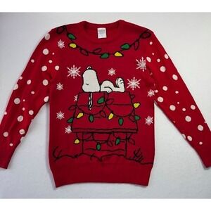 PEANUTS Snoopy Christmas Sweater Adult Sz SML‎ Red Doghouse w/Lights Snowflakes
